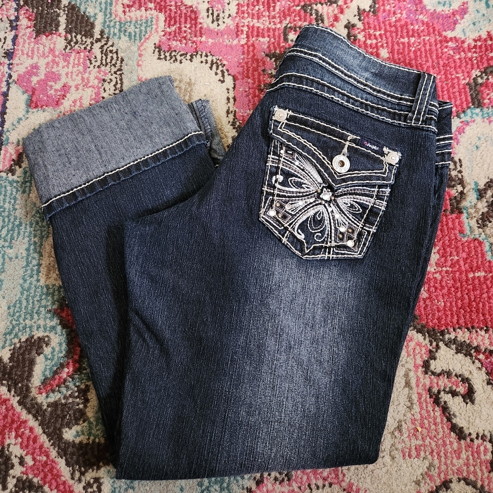 Angels Jeans Dark Blue Cropped Denim with Embroidered Pocket